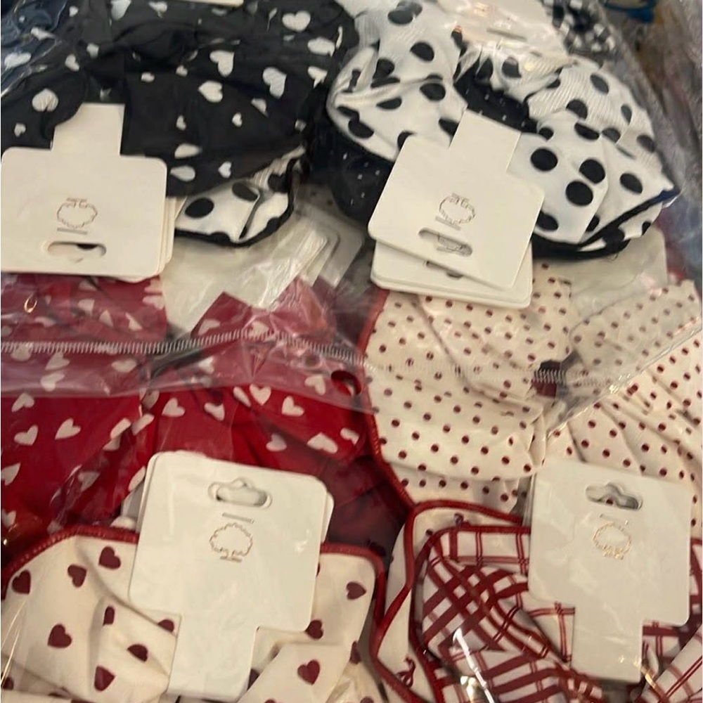 Polka Dot & Heart Print Hair Scrunchie Pack - Mixed Black, White, Red 1Dozen